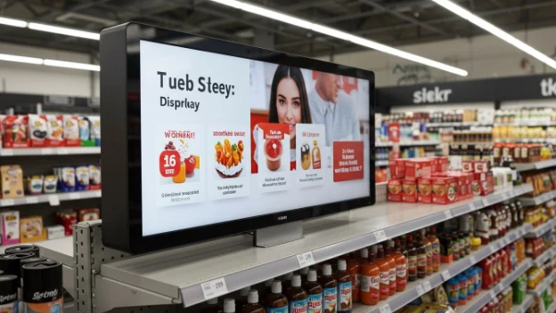 Stretched LCD shelf edge display for supermarket digital signage Stretched LCD shelf edge display installed on supermarket shelving showing promotional content next to products
